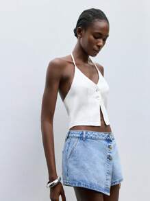 Maija Top en jean décontracté sans dos femme avec bretelle en couleur unie