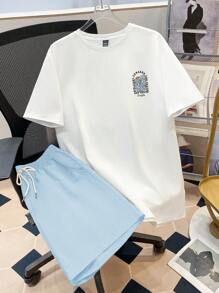 Manfinity Joysei 男士休闲波浪图案 T 恤和裤子，配有抽绳腰部和松紧腰带，适合夏季舒适服装