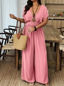 SHEIN LUNE Plus Size Solid Color Deep V-Neck Casual Versatile Short Sleeve Jumpsuit - Pink - View 3