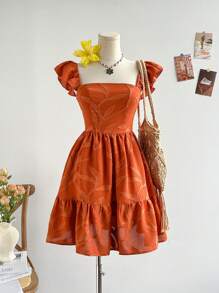 Soleia Váy ngắn vải họa tiết lá và cành cây màu nâu kaki ngày lễ dành cho nữ, tay lửng, hở lưng, eo thắt nơ, thích hợp cho tiệc tùng, hẹn hò, trà chiều, phong cách Boho, lễ hội âm nhạc, lễ hội hóa trang, bãi biển - màu nâu - Xem 5