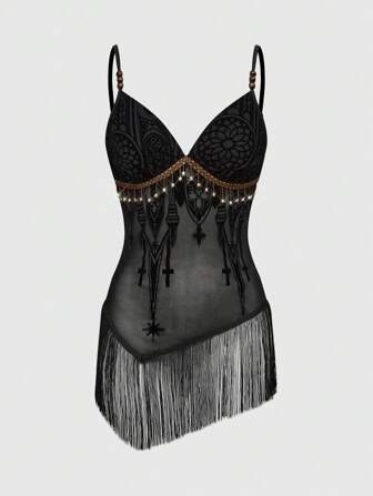 Débardeur de dame avec décor de franges et perles, motif floqué sensuel de palais gothique