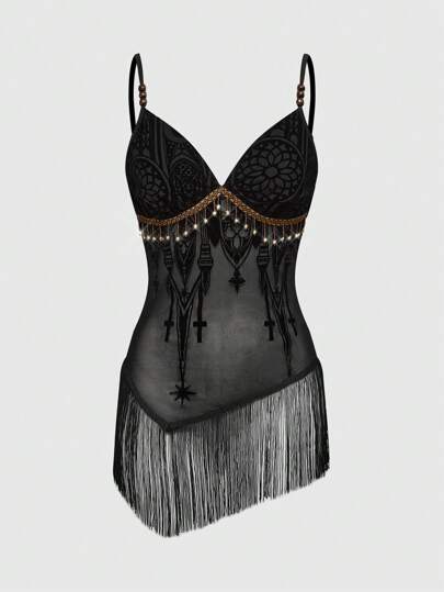 Goth Camiseta de tirantes con flecos y decoración de cuentas con estampado palaciego sensual gótico para dama