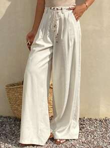 Livesso Quần vải lanh rộng rãi thoải mái phong cách nghỉ dưỡng giản dị đính hạt trang trí thắt lưng mùa hè cho nữ - trắng - Xem 6