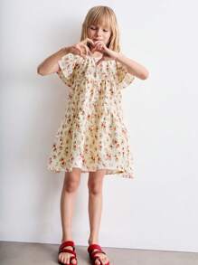 SHEIN Young Girl Summer Ditsy Floral Bowknot Dress - Multicolor - View 3