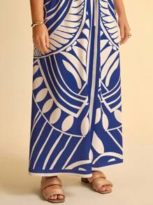 CAJUNI Women Vacation Tropical Boho Blue And White Print Spaghetti Strap Lace Up Casual Beach Summer Maxi Dress - Blue and White - View 7