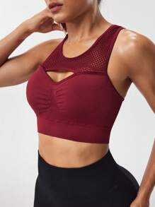 SHEIN Sports 女士纯色简约无袖运动胸罩 - 酒紅色 - 查看 1