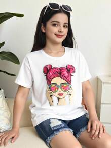 SHEIN Tween Casual Simple Comfy Round Neck Short Sleeve T-Shirt And Denim Shorts Set - White - View 5