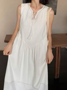 FRIFUL فستان نسائي بأكمام بلا أكمام مع ربطة عنق، مطرز، خصر ضيق، فستان طويل متدفق، ملابس شاطئية للسيدات