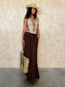 Swim Glamine Women's Elegant Sexy V-Neck Brown & White Textured Fabric Starfish Metallic Buckle One-Piece Swimsuit, Suitable For Vacation, Beach, Party, Spring/Summer - Khaki - View 4