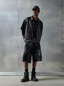 NEON BLANC 男士街头时尚皮革蜘蛛刺绣短袖衬衫，适合夏季 - 黑色 - 查看 7