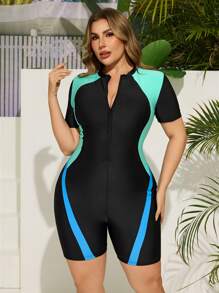 Swim Lushoire 大码女式撞色前拉链短袖连体泳衣（含短裤） - 彩色 - 查看 4