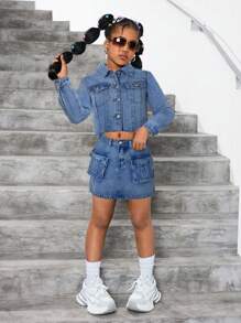 SHEIN 2 件套 Tween 女童 Y2k 水洗卡其色牛仔翻领长袖短款夹克和牛仔迷你工装裙套装，适合女童街头装和日常穿着