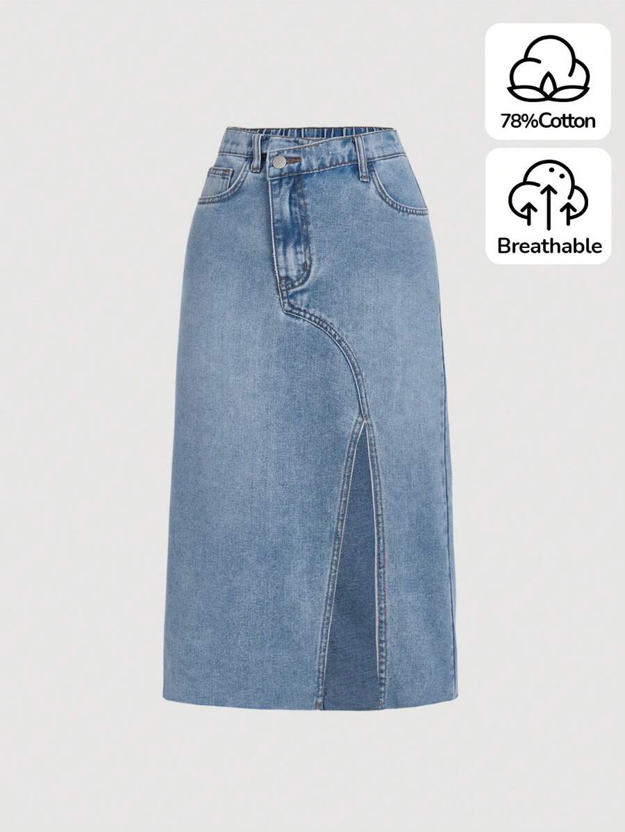 SHEIN Teen Girl Split Hem Denim Skirt - Medium Wash - View 1