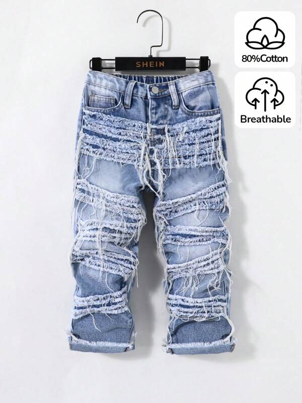 SHEIN Pantalones vaqueros azules casuales y cómodos con volantes y flecos para niños, pantalones de estilo cowboy para uso diario y ropa de vuelta al cole