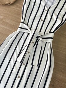 女式休闲条纹V领纽扣前开襟连衣裙，夏季 - 白色 - 查看 5