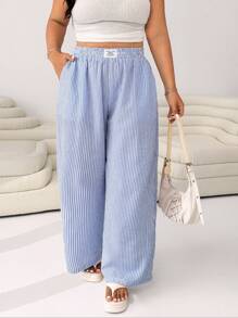 Solflare Plus Size Striped Pants, Fashionable For Summer - Blue and White - View 3