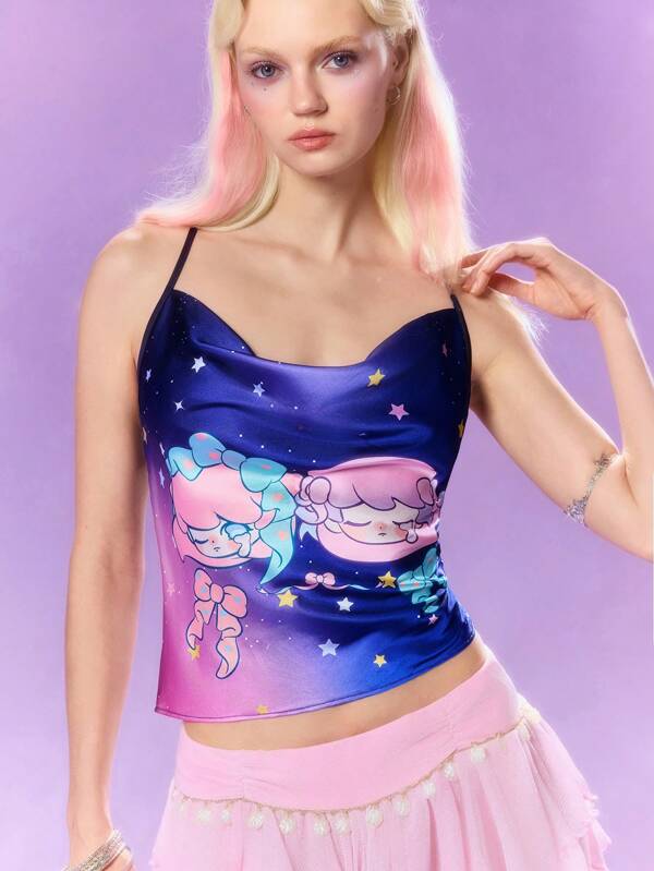 Pop Mart Azura X SHEIN Women Deep Purple Spaghetti Strap Crossed Binding Draped Neck Starry Sky Bow Cartoon Pattern Cute Casual Cami Top