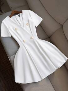 Franclia Women's Elegant White Cross-Wrap Double-Breasted Short Sleeve Cinched Waist Mini Dress, Summer