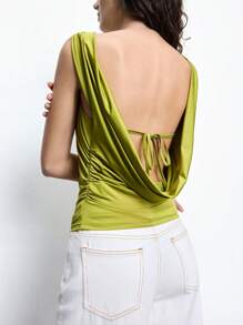 Maija 2025 Summer New Sage Green Sexy Backless Tie Strap Wrap Ruffle Asymmetrical Hem Camisole Top, Elegant Urban Chic, Versatile For Office, Party, Beach, Festival, Wedding, Casual, Y2K Style Streetwear, Back To School - Green - View 1
