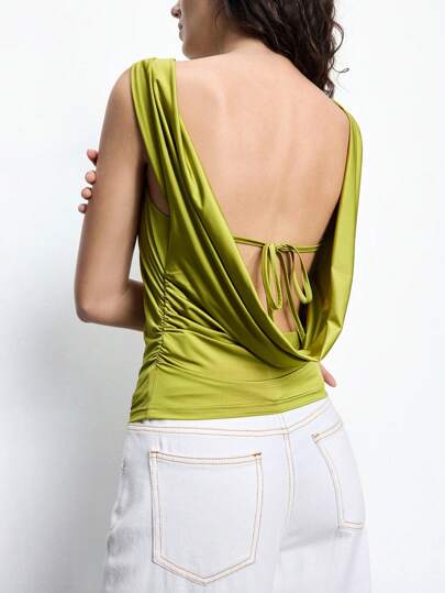 Maija 2025 Summer New Sage Green Sexy Backless Tie Strap Wrap Ruffle Asymmetrical Hem Camisole Top, Elegant Urban Chic, Versatile For Office, Party, Beach, Festival, Wedding, Casual, Y2K Style Streetwear, Back To School