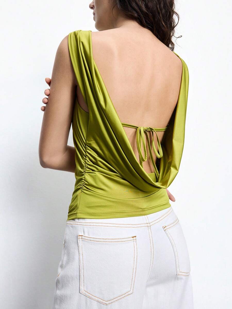 Maija 2025 Summer New Sage Green Sexy Backless Tie Strap Wrap Ruffle Asymmetrical Hem Camisole Top, Elegant Urban Chic, Versatile For Office, Party, Beach, Festival, Wedding, Casual, Y2K Style Streetwear, Back To School - Green - View 1