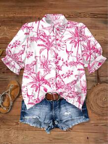 SHEIN LUNE Camisa de manga corta con estampado floral diminuto en estilo barroco vintage