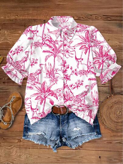 SHEIN LUNE Vintage Baroque Style Ditsy Floral Short Sleeve Shirt