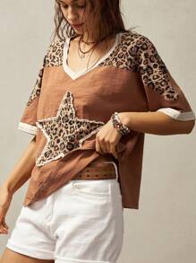 Bohemela Plus Size Women Leopard Print Patchwork Contrast Trim V-Neck Loose T-Shirt, Casual Street Fashion, Summer,Vintage,Vintage