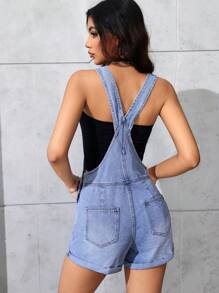 SHEIN EZwear 女士牛仔背带裤连体裤，时尚，适合夏季 - 淺色水洗藍 - 查看 3