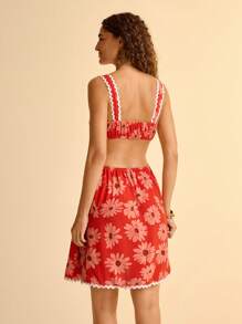 CAJUNI Lace Trim & Hollow-Out Red Beach Mini Dress For Summer Holiday - Multicolor - View 2