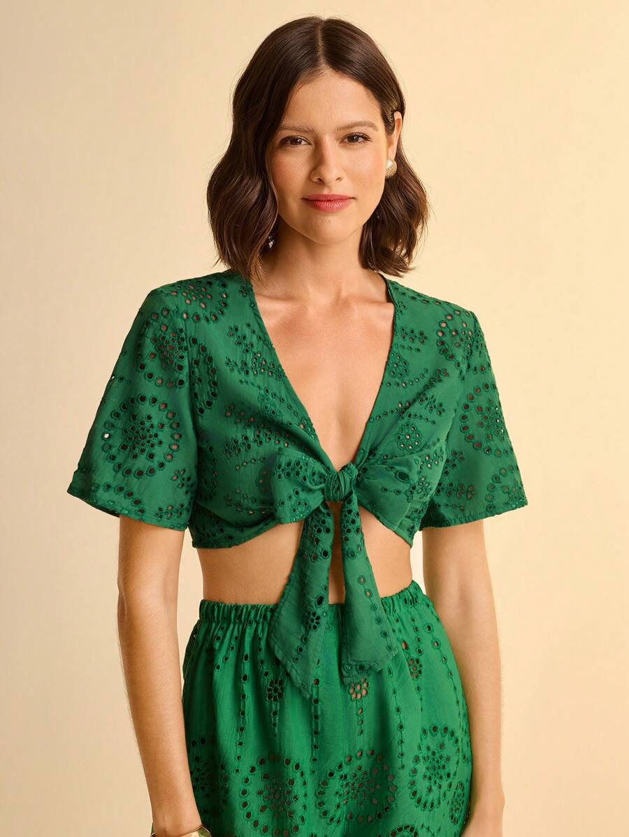 CAJUNI Women's Summer Boho Deep V-Neck Tie-Up Short Sleeve Cropped Tropical Print Lace Top - Green - View 1