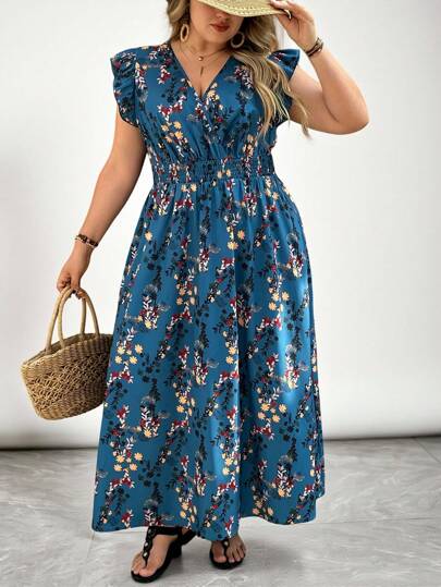 SHEIN VCAY Plus Size Boho Simple & Fashion Casual Floral Print Everyday Dress, For Summer,Beach Dress Sundress,Holiday Outfits