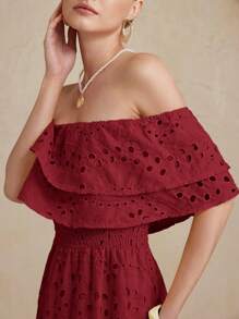 Embroidered Hollow-Out Ruffled Off Shoulder Slim Waist Women Long Dress For Vacation - Rust Brown - View 5
