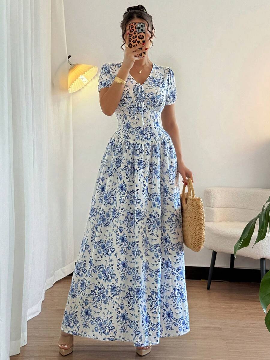 Elenzga Đầm dài tay bồng eo đàn hồi thanh lịch mùa hè cho nữ, Đầm maxi. Dành cho mùa xuân/hè, trang phục hòa nhạc cho nữ, thanh lịch phù hợp để đi làm hàng ngày, lễ hội âm nhạc, trang phục ngày lễ - Màu xanh lam - Xem 1