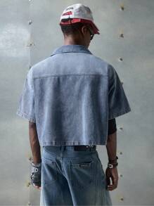 NEON BLANC 男士时尚街头风格水钻装饰牛仔短袖衬衫，适合夏季 - 藍色 - 查看 3