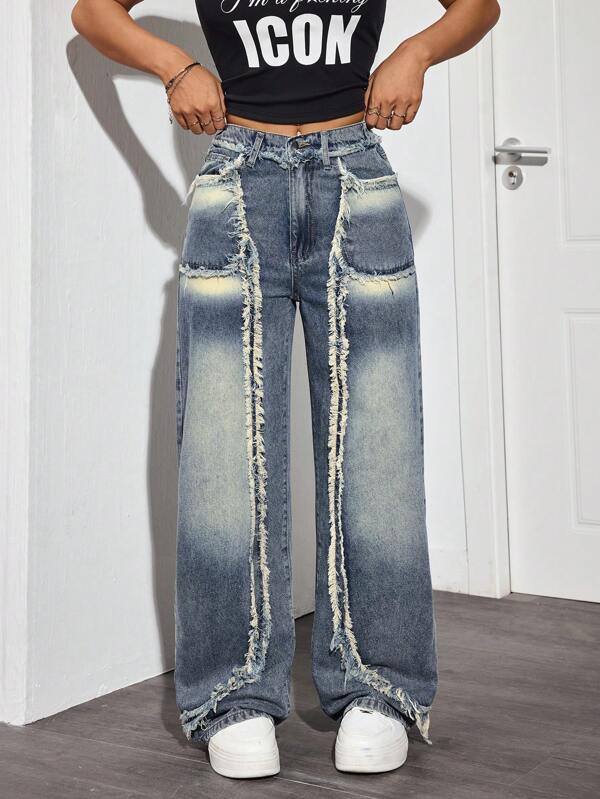 SHEIN PETITE Blugi denim spălați cu model patchwork, stil vintage, la modă, stil casual, stil vintage, cu picior drept