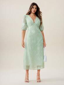 SHEIN Unity Vestido de mujer con cuello en V, estampado de jacquard, estilo de vacaciones - Verde - Ver 3