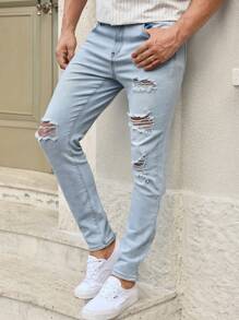 Manfinity VCAY Calça Jeans Skinny Rasgada Casual Masculina - Azul - Ver 6