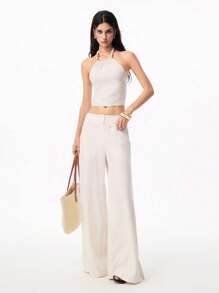 LYSMO 2025春夏新品，女士高端时尚露背短款上衣，亚麻面料精制而成，饰有串珠绳饰。完美契合复古休闲、田园风美学、休闲度假造型和波西米亚风情。 - 杏色 - 查看 6