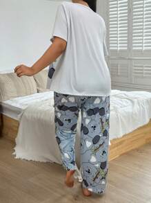 SHEIN Conjunto de pijama de manga corta con estampado de koalas de viscosa de punto talla grande en gris
