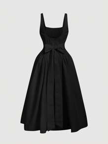 SHEIN MOD 加大码白色细肩带连衣裙，背部蝴蝶结装饰，正式活动礼服，女式白色露背蝴蝶结长裙，夏季白色连衣裙，毕业礼服，女士早午餐服装，飘逸连衣裙，紧身胸衣连衣裙 - 黑色 - 查看 2