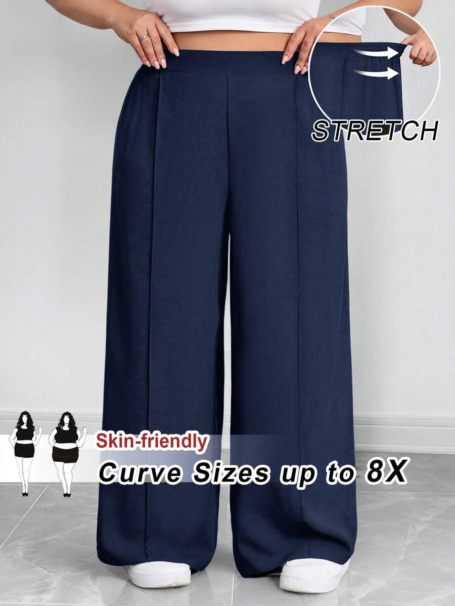 SHEIN CURVE+ 大码女式纯色褶皱裤,黑色宽松阔腿裤,大码,波西米亚风度假夏季/乡村/海滩度假,商务休闲 - 藏蓝色 - 查看 1