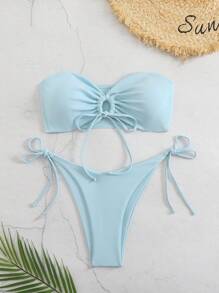 Swim Basics Solid Color Bandeau Twist Front Bikini Swimwear, Wire-Free For Summer Beach Vacation - Baby Blue - View 4