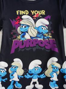 The Smurfs X SHEIN Tween Boy Cool Cartoon Graphic Top & Shorts Snug Fit Summer Pajama Set - Black - View 4