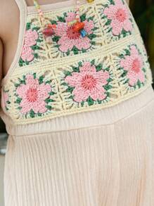 Young Girls Crochet Floral Trim Ruffle Strap Textured Jumpsuit, Pink - Apricot - View 6