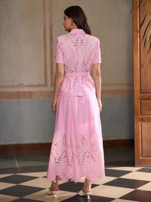 ZEYLAH Lace Patchwork Flax Elegant Spring & Summer Vacation Vibe Short Sleeve Dress Set - Pink - View 3