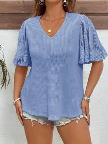 SHEIN Clasi Plus Size Elegant Waffle Knit Patchwork Ruffle Sleeve T-Shirt - Blue - View 5