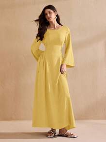 Graceveil Round Neck Solid Color Drawstring Shoulder Gathered Waist Long Sleeve Tie-Waist Dress - Yellow - View 6