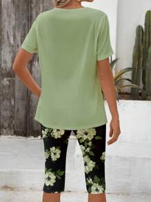 EMERY ROSE 2 piezas Conjunto informal y elegante de mujer con diseño floral y contraste de colores, adecuado para el verano