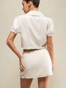 SHEIN Unity 女士两件套服装，纯色短款泡泡袖纽扣衬衫和超短裙，夏季 - 杏色 - 查看 7